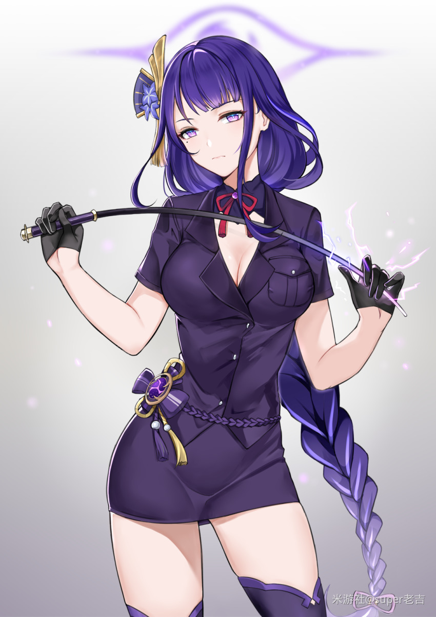 1girl, black_gloves, braid, breasts, cleavage, cropped_legs, genshin_impact, gloves, grey_background, hair_ornament, highres, holding, holding_riding_crop, holding_whip, large_breasts, long_hair, looking_at_viewer, low-braided_long_hair, low-tied_long_hair, ponytail, purple_eyes, purple_hair, purple_thighhighs, raiden_shogun, ribbon, riding_crop, simple_background, skirt, solo, super_laoji, thighhighs, uniform, whip