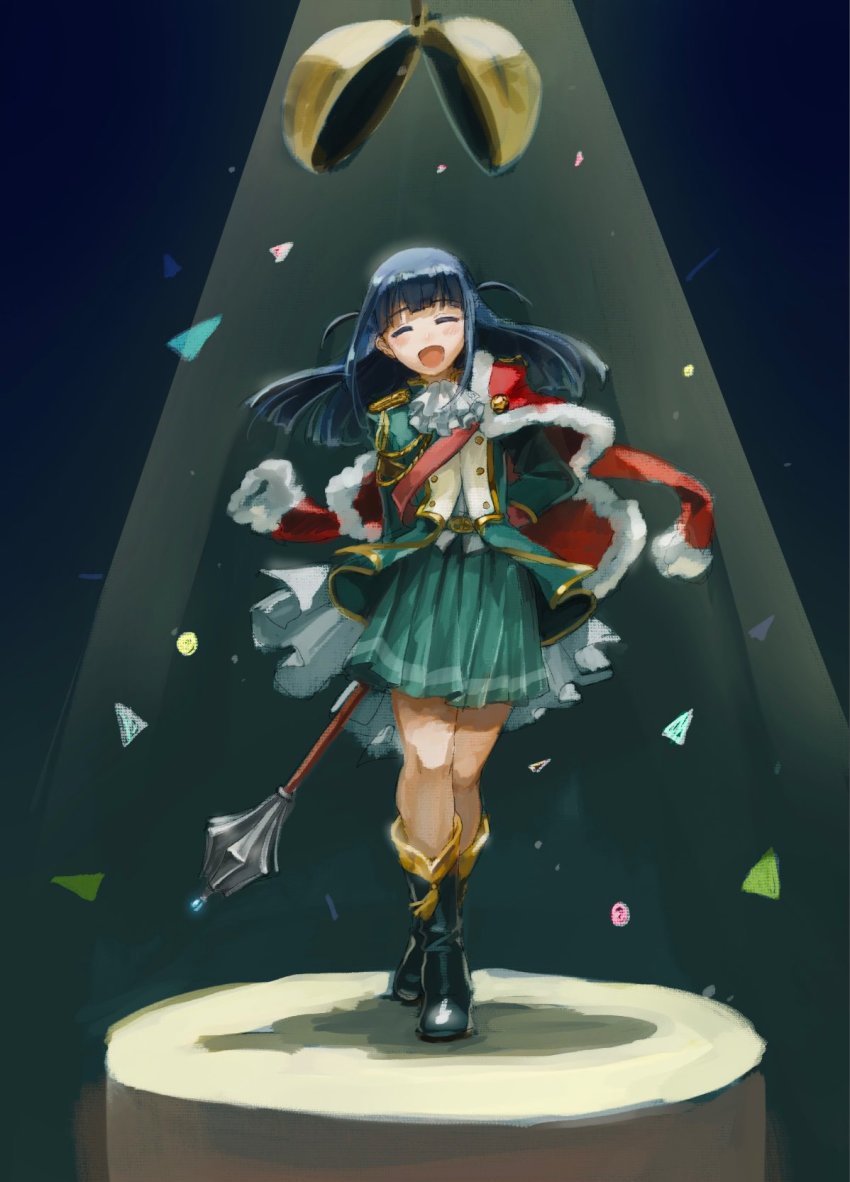 1girl, :d, aiguillette, ascot, belt_buckle, blue_hair, blunt_bangs, boots