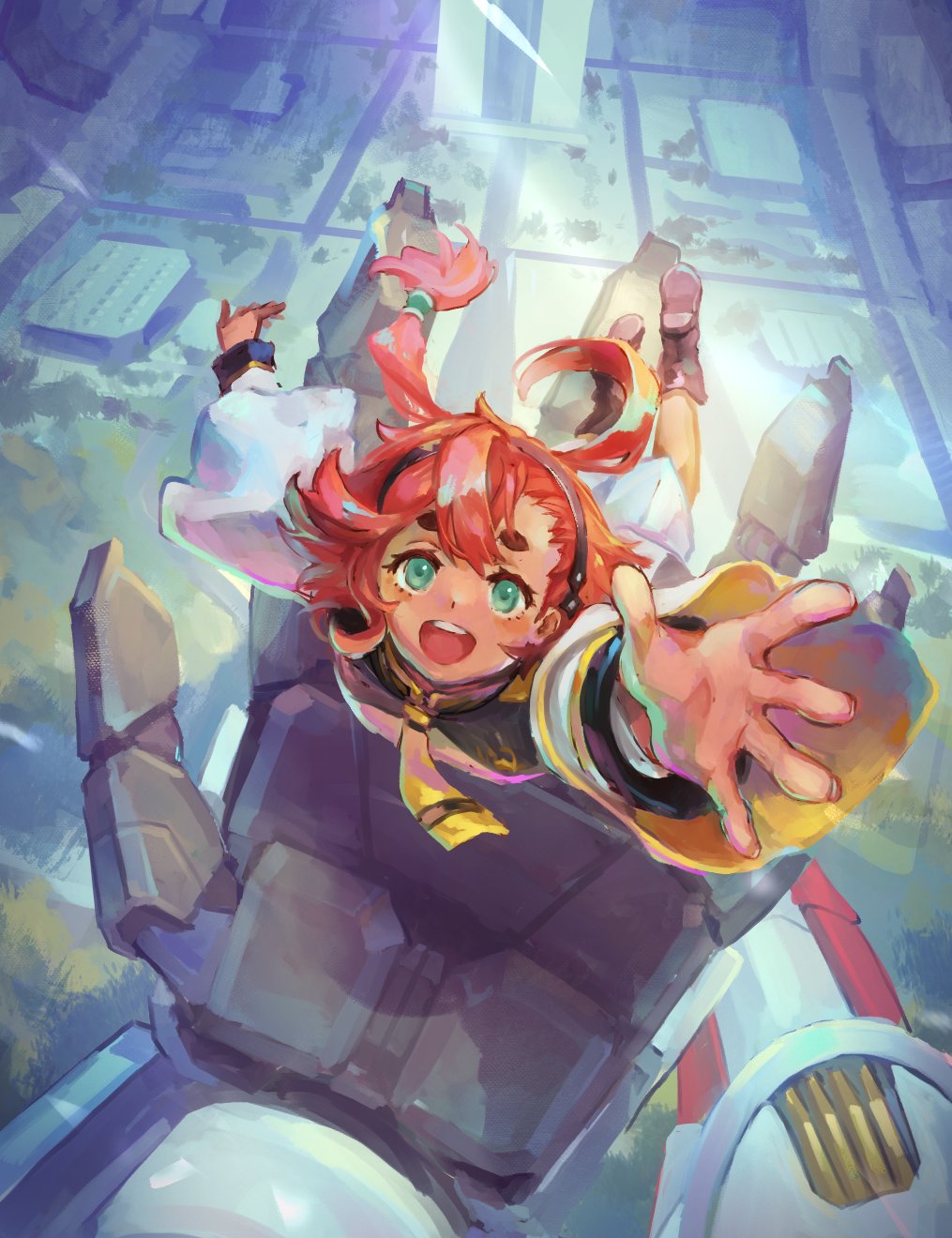 1girl, ahoge, asticassia_school_uniform, black_hairband, boots, floating, full_body, green_eyes