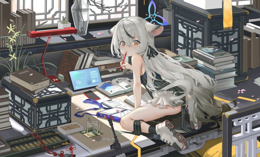 1girl, abacus, animal_ears, blue_archive, book, cellphone, grey_hair, halo