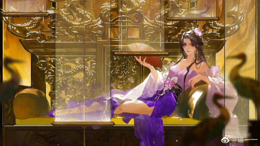1girl, banner, bare_legs, bare_shoulders, bird, brown_hair, crane_(animal), earrings, folding_fan, full_body, gold, guan_yiyi, hand_fan, high_heels, highres, jewelry, long_hair, original, purple_skirt, sash, sitting, skirt, smile, solo