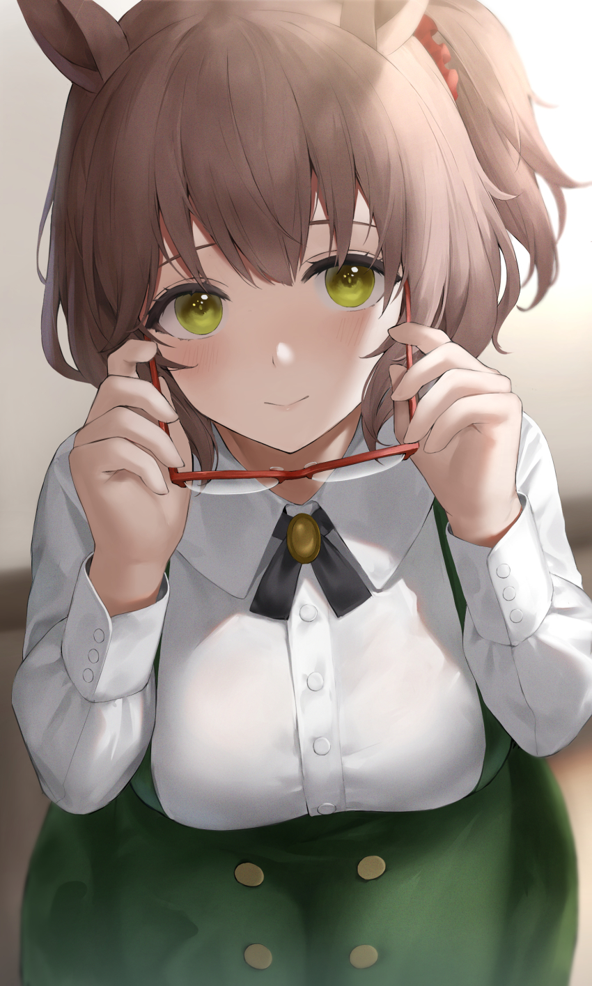 1girl, absurdres, animal_ears, aston_machan_(casual)_(umamusume), aston_machan_(umamusume), black_ribbon, breasts, brown_hair, collared_shirt, glasses, green_eyes, green_skirt, hair_ornament, hair_scrunchie, hibimaru, highres, horse_ears, horse_girl, large_breasts, looking_at_viewer, neck_ribbon, red-framed_eyewear, red_scrunchie, ribbon, scrunchie, shirt, skirt, solo, suspenders, umamusume, white_shirt