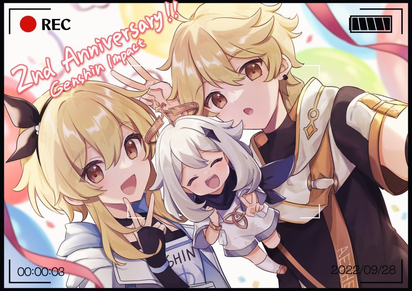 1boy, 2girls, :o, aether_(genshin_impact), aether_(guilin)_(genshin_impact), anniversary, battery_indicator, black_gloves