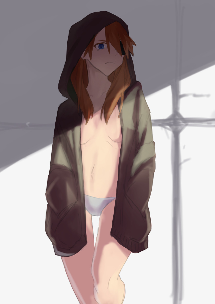 1girl, absurdres, artist_request, breasts, brown_hair, choker, coat, evangelion:_3.0+1.0_thrice_upon_a_time, expressionless, eyepatch, green_jacket, hands_in_pockets, highres, interface_headset_(evangelion), jacket, long_hair, looking_at_viewer, medium_breasts, naked_jacket, neon_genesis_evangelion, no_bra, panties, rebuild_of_evangelion, shibainu_illust, shiny_skin, simple_background, souryuu_asuka_langley, standing, two_side_up, underwear, very_long_hair, white_panties, wide_hips