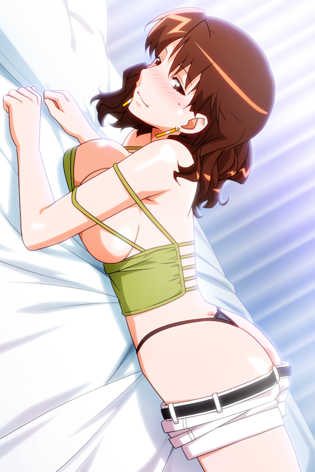 1girl, animal_ears, ass, black_panties, breasts, brown_eyes, brown_hair, clothes_pull, dutch_angle, feet_out_of_frame, indoors, kaori_(super_real_mahjong), large_breasts, looking_at_viewer, lying, medium_hair, mole, mole_under_eye, non-web_source, official_art, on_bed, on_stomach, panties, photoshop_(medium), seductive_gaze, seductive_smile, short_shorts, shorts, shorts_pull, smile, solo, strap_slip, string_panties, super_real_mahjong, tanaka_ryou, the_pose, thong, underwear, whale_tail_(clothing)