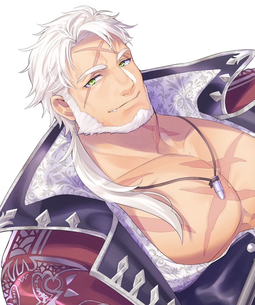 1boy, absurdres, bara, beard, bullet_necklace, closed_mouth, coat, collared_shirt