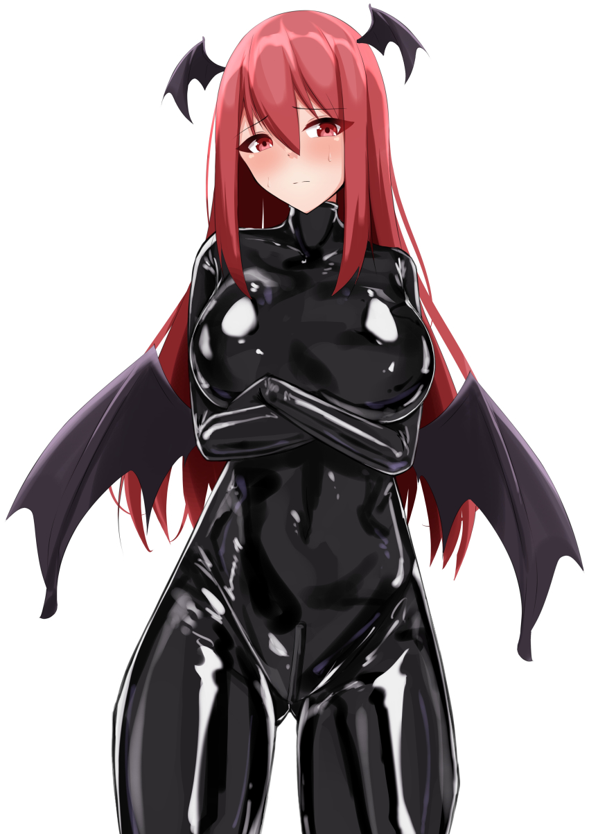 1girl, :|, absurdres, alternate_costume, bat_wings, black_bodysuit, blush, bodysuit