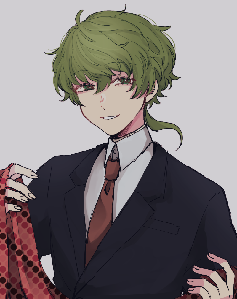 1boy, @_@, black_jacket, black_suit, collared_shirt, fingernails, formal_clothes, green_eyes