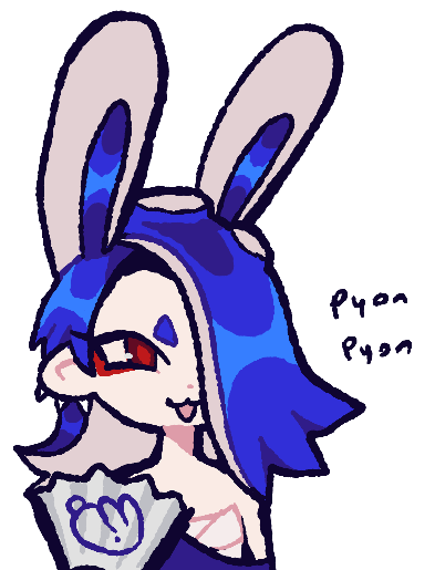 1girl, :3, blue_hair, blue_shawl, earrings, eyeliner, female_focus, folding_fan, gao_(kohozuna), hair_over_one_eye, half-closed_eyes, hand_fan, happy, holding, holding_fan, jewelry, kemonomimi_mode, makeup, medium_hair, multiple_earrings, nintendo, octoling, one_eye_covered, open_mouth, rabbit_ears, rabbit_girl, red_eyeliner, red_eyes, sarashi, shawl, shiver_(deep_cut_outfit)_(splatoon), shiver_(splatoon), simple_background, single_bare_shoulder, sketch, smile, solo, splatoon_(series), splatoon_3, suction_cups, tentacle_hair, tentacles, upper_body, white_background