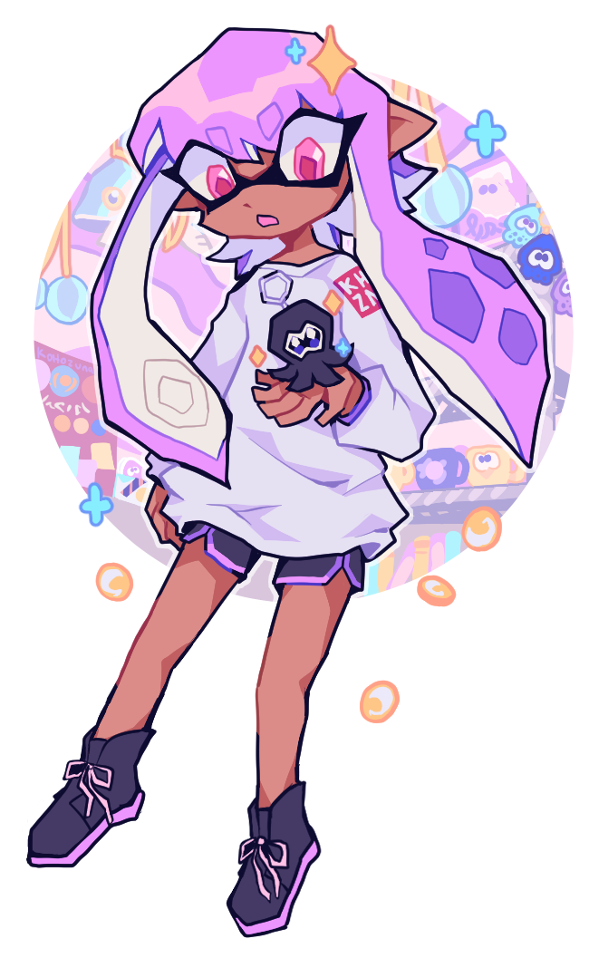 1girl, arm_at_side, artist_name, black_shoes, black_shorts, brand_name_imitation, charm_(object), clothes_writing, coin, cup, dark-skinned_female, dark_skin, dolphin_shorts, female_focus, full_body, gao_(kohozuna), holding, inkling, inkling_girl, inkling_player_character, legs, long_hair, long_sleeves, looking_down, money, mug, nintendo, octoling, octoling_player_character, open_mouth, outline, pink_eyes, pointy_ears, purple_hair, purple_trim, shoes, shop, short_shorts, shorts, side_slit, sidelocks, signature, solo, sparkle, splatoon_(series), standing, suction_cups, sweater, tentacle_hair, tentacles, twintails, uniqlo, white_background, white_outline, white_sweater