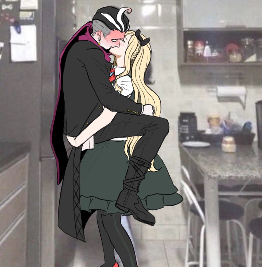 1boy, 1girl, assertive_female, black_bow, black_footwear, black_hair, black_jacket, black_pants