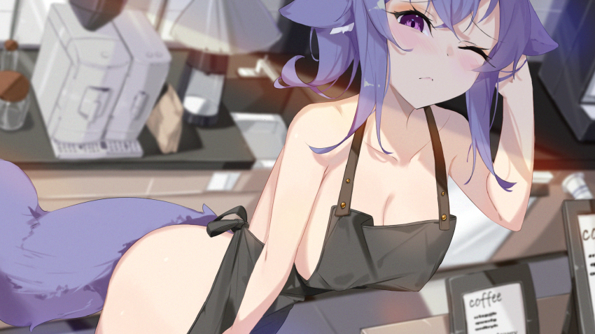 1girl, ;<, animal_ear_fluff, animal_ears, apron, bare_arms, bare_shoulders, black_apron