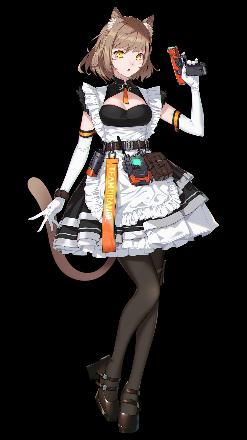 1girl, :o, absurdres, animal_ear_fluff, animal_ears, apron, belt, black_background