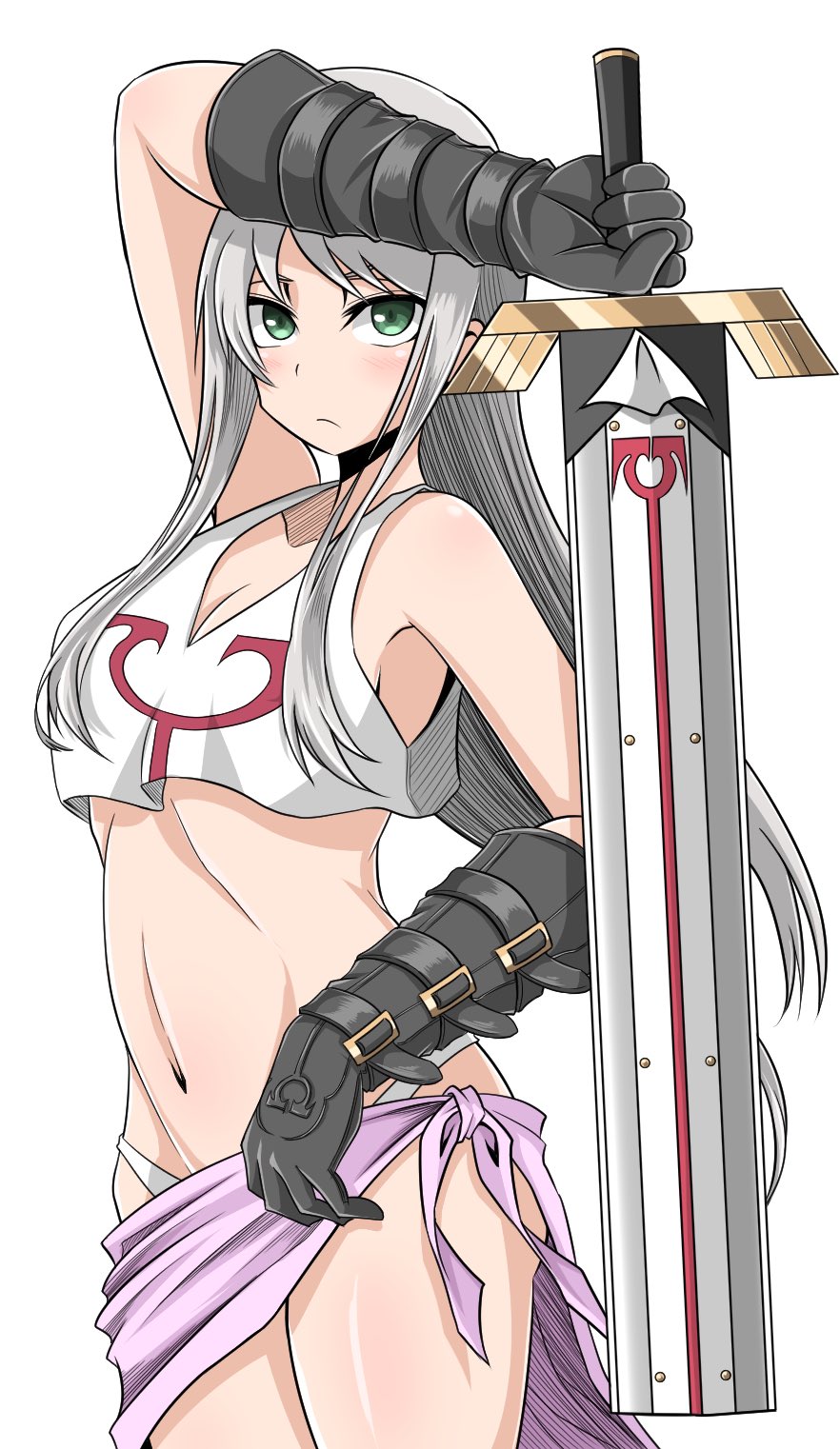 1girl, breasts, check_commentary, collar, commentary, commentary_request, cowboy_shot, crop_top