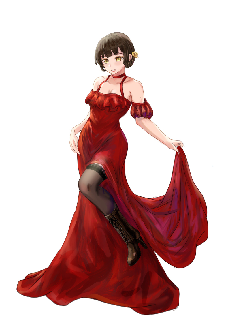 1girl, alternate_costume, black_thighhighs, boots, breasts, brown_boots, brown_hair, double_bun