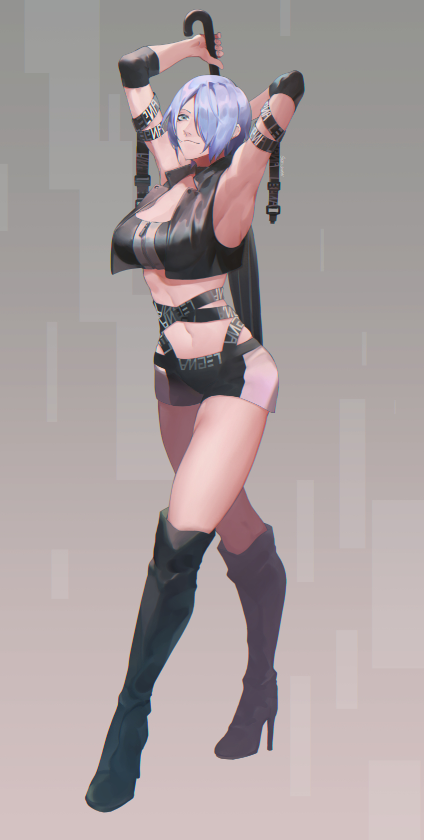 1girl, absurdres, alternate_costume, angel_(kof), arm_up, armpits, arms_behind_head, arms_up, bare_shoulders, breasts, cleavage, crop_top, cry_sinkai, hair_over_one_eye, highres, large_breasts, midriff, miniskirt, navel, outstretched_arms, skirt, smile, snk, solo, stomach, tank_top, the_king_of_fighters, the_king_of_fighters_xiv, toned
