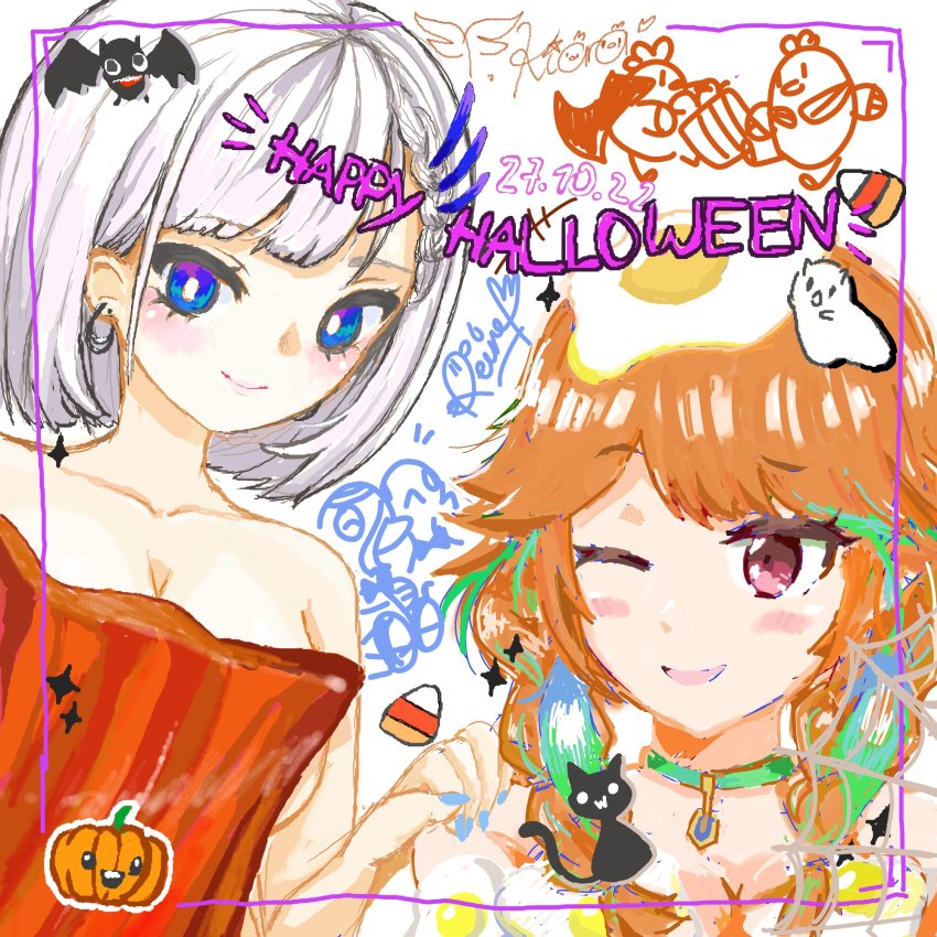 2girls, artist_name, bacon, bat_(animal), black_cat, blue_eyes, blue_nails, blush