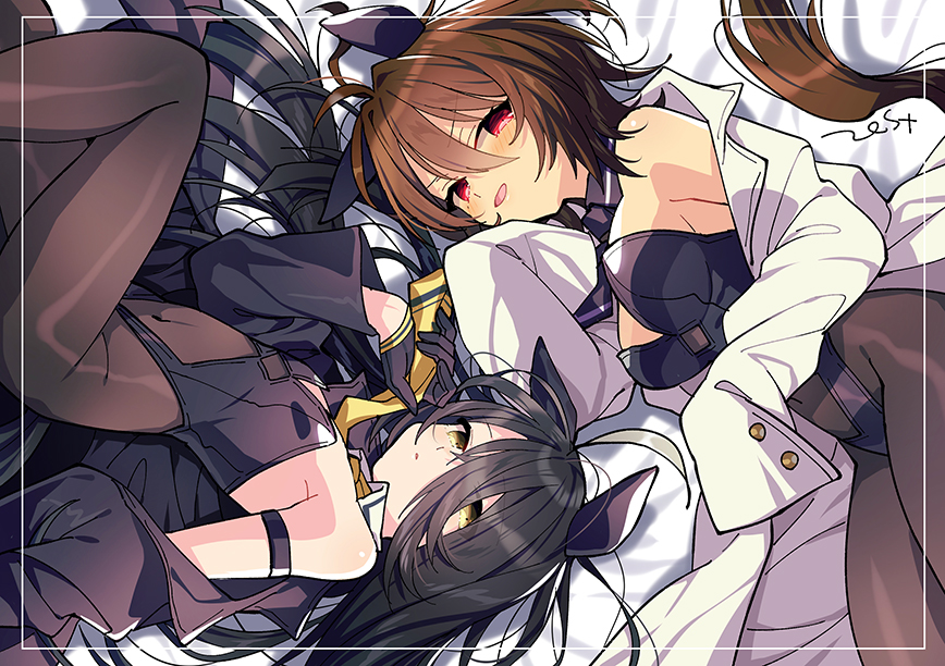 2girls, agnes_tachyon_(umamusume), ahoge, animal_ears, artist_name, black_hair, black_jacket, black_leotard