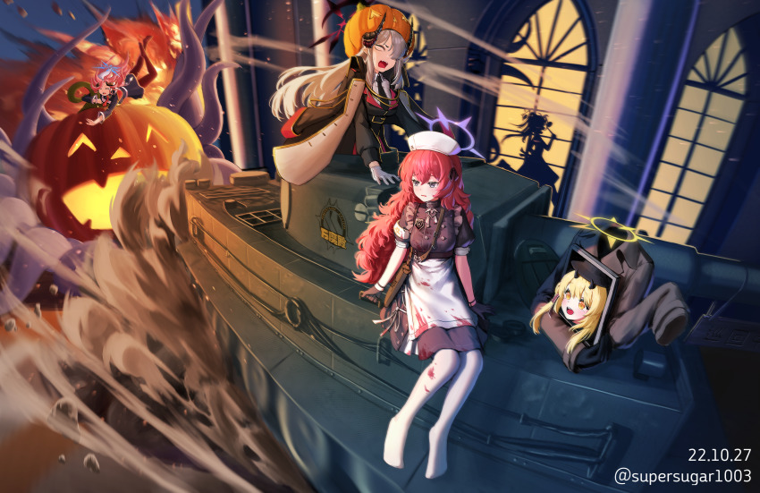 5girls, :d, absurdres, apron, black_gloves, black_horns, black_necktie, black_ribbon