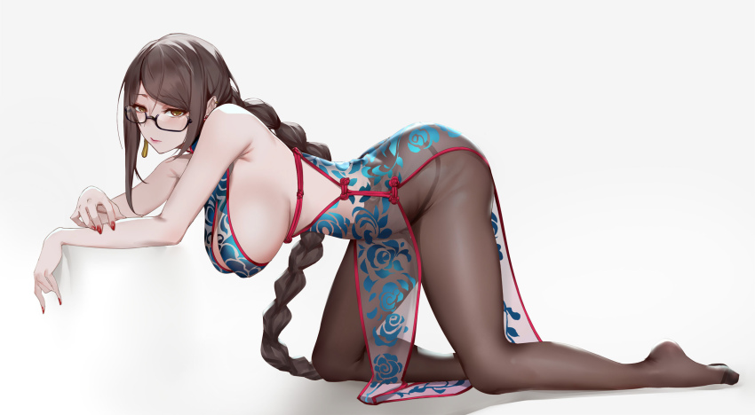 1girl, ass, bare_shoulders, blue_dress, blush, bozaigao_x, braid, braided_ponytail