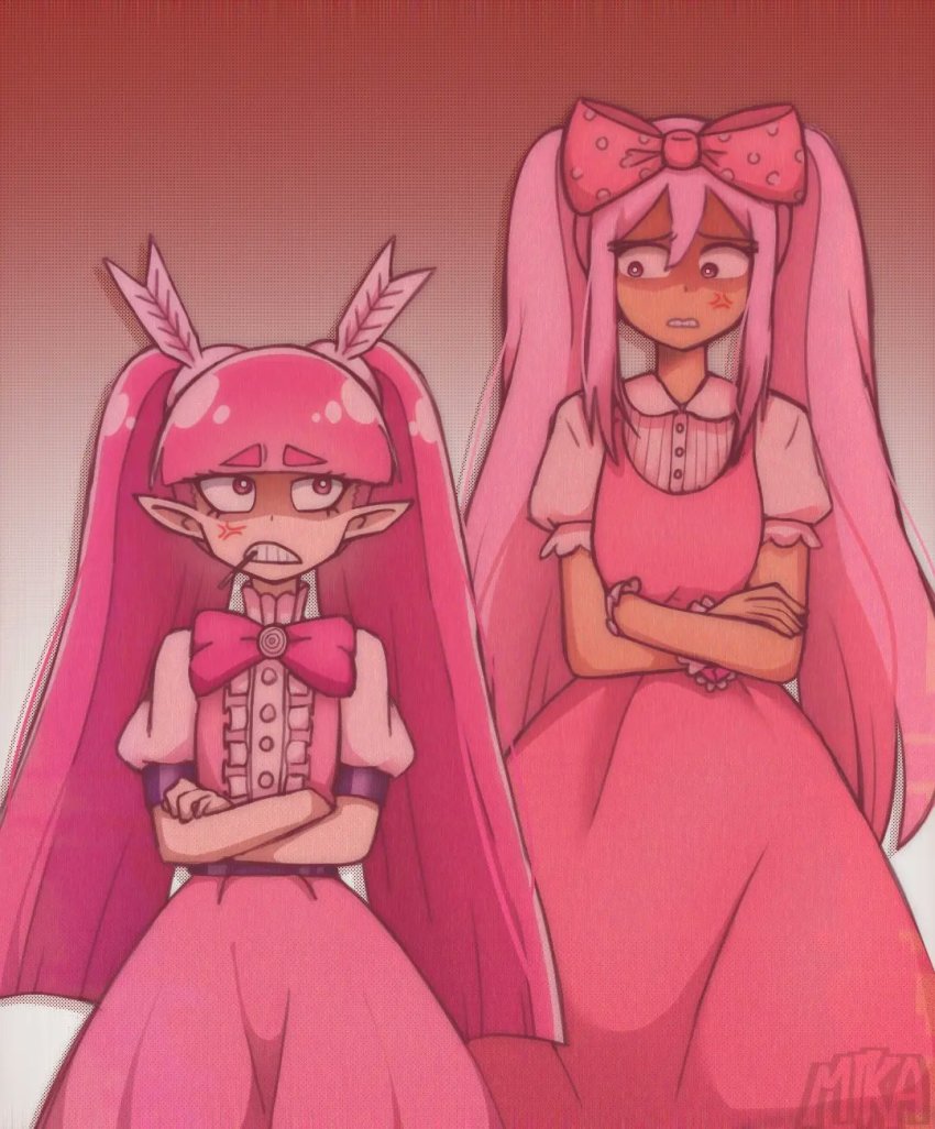 2girls, anger_vein, annoyed, bachiko_barbatos, barbatos_bachiko, blunt_bangs, bow, bright_pupils, character_request, commentary, constricted_pupils, crossed_arms, crossover, dark-skinned_female, dark_skin, english_commentary, gradient_background, hair_bow, highres, long_hair, looking_at_another, mairimashita!_iruma-kun, mika_yesha, multiple_girls, omori, parted_lips, pink_bow, pink_eyes, pink_hair, pointy_ears, shaded_face, short_sleeves, sweetheart_(omori), teeth, trait_connection, twintails, white_pupils