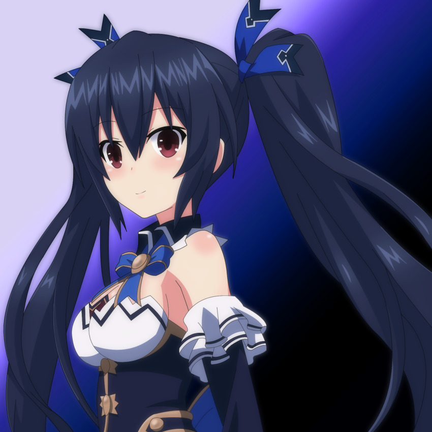 bare_shoulders, black_hair, blue_background, breasts, cleavage, collar, dress, highres