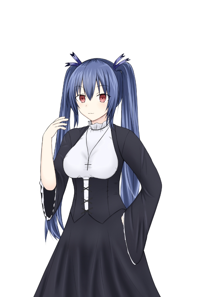 black_hair, breasts, dress, frown, long_hair, medium_breasts, neptune_(series), noire_(neptunia), nun, preistess, red_eyes, ribbon, robe, tsundere, twintails, u5ae3u7136, very_long_hair
