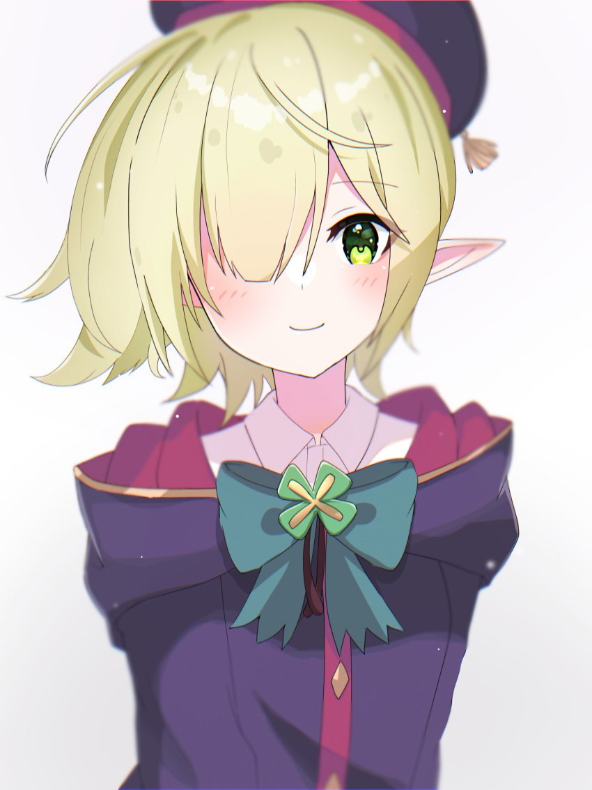 1girl, aoi_(princess_connect!), aoi_(transfer_student)_(princess_connect!), beret, black_hoodie, blush, bow, bowtie