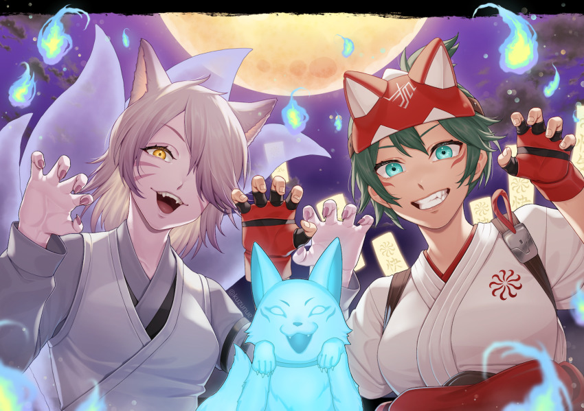 2girls, animal_ears, claw_pose, clenched_teeth, commentary_request, d.va_(overwatch), facepaint, facial_mark, fangs, fingerless_gloves, fingernails, fox, fox_ears, fox_girl, fox_mask, fox_tail, full_moon, gao, ghost, gloves, glowing, green_eyes, green_hair, hair_over_one_eye, hakama, half_mask, halloween, hitodama, japanese_clothes, kimono, kiriko_(overwatch), kitsune, kuzunue, kyuubi, long_sleeves, looking_at_viewer, mask, mask_on_head, moon, multiple_girls, multiple_tails, nail_polish, night, official_alternate_costume, ofuda, open_mouth, outdoors, overwatch, overwatch_2, parted_lips, purple_hair, purple_nails, purple_sky, red_gloves, rope_belt, sharp_fingernails, shin-ryeong_d.va, sky, smile, tail, tail_raised, teeth, topknot, upper_body, whisker_markings, white_kimono, yellow_eyes