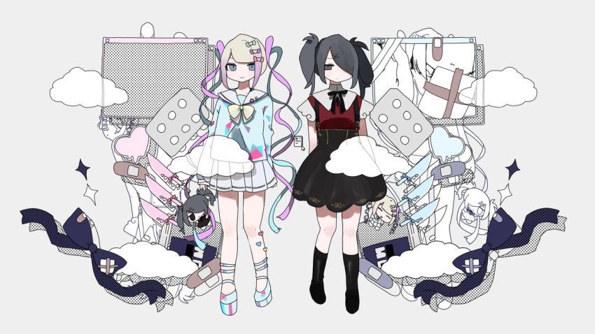 2girls, ame-chan_(needy_girl_overdose), bandaid, black_hair, black_ribbon, blue_eyes, blue_hair, bow