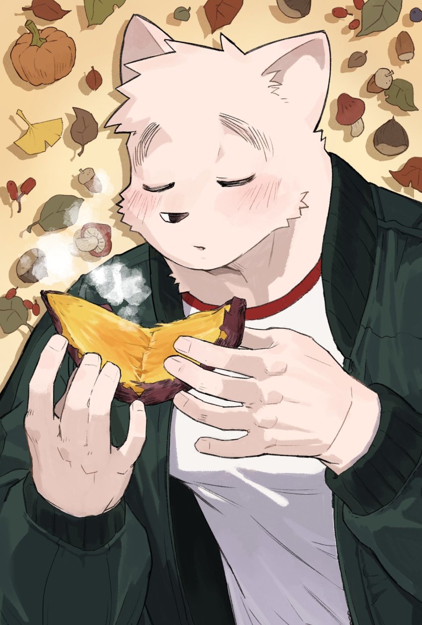 1boy, acorn, animal_ears, autumn, autumn_leaves, bara, blowing, blush, closed_eyes, commentary, crew_neck, food, furry, furry_male, highres, leaf, male_focus, muscular, muscular_male, mushroom, open_mouth, original, pumpkin, shirt, solo, steam, sweet_potato, untranslatable_commentary, syukapong, t-shirt, white_shirt