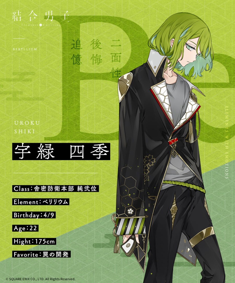 1boy, black_jacket, black_pants, blue_eyes, chemical_symbol, green_background, green_hair, green_theme