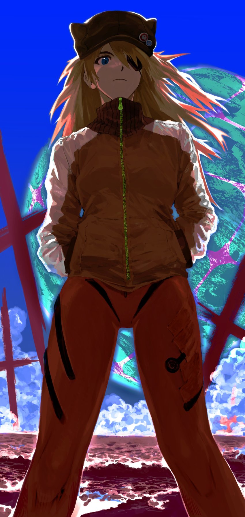 1girl, absurdres, bad_id, bad_twitter_id, between_legs, blue_eyes, blue_sky, bodysuit