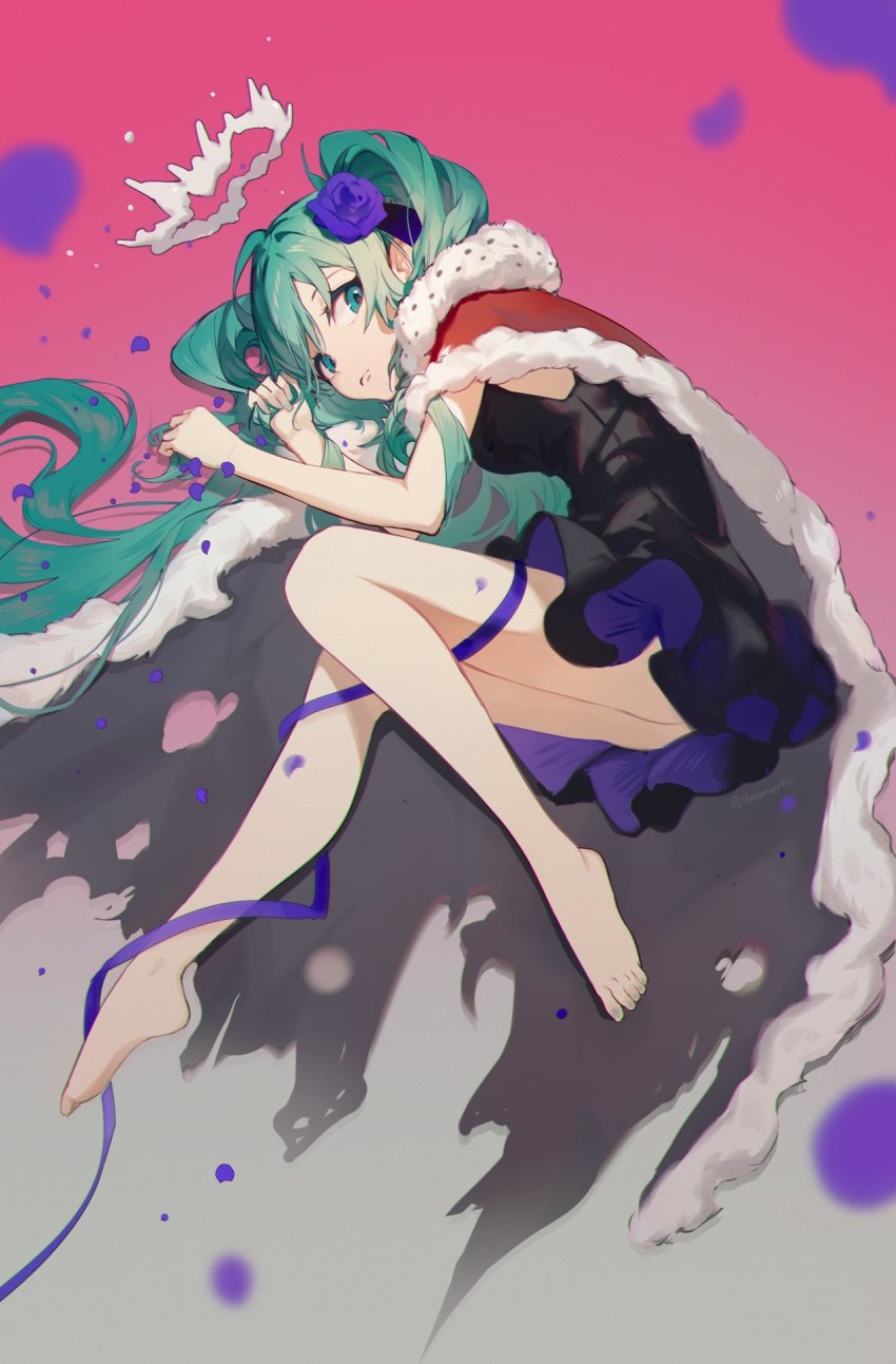 1girl, aqua_eyes, aqua_hair, aqua_nails, bare_legs, barefoot, black_dress, blurry