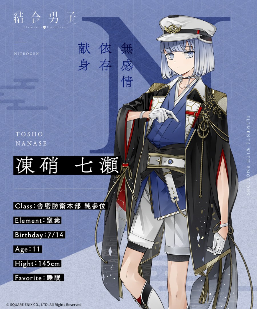 1boy, blue_background, bracelet, chemical_symbol, child, gloves, grey_eyes, grey_hair, half_glove, hat, jewelry, ketsugou_danshi:elements_with_emotions, looking_away, looking_to_the_side, official_art, pale_skin, personification, shorts, square_enix, tosho_nanase, white_gloves, white_shorts