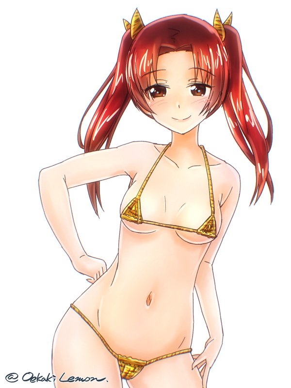 1girl, artist_name, bikini, bow, breasts, brown_eyes, brown_hair, female_focus, girls_und_panzer, hair_bow, hand_on_own_hip, kadotani_anzu, long_hair, looking_at_viewer, micro_bikini, navel, oekaki_lemon, simple_background, small_breasts, solo, standing, swimsuit, thong, thong_bikini, twintails, twitter_username, upper_body, white_background, wide_hips