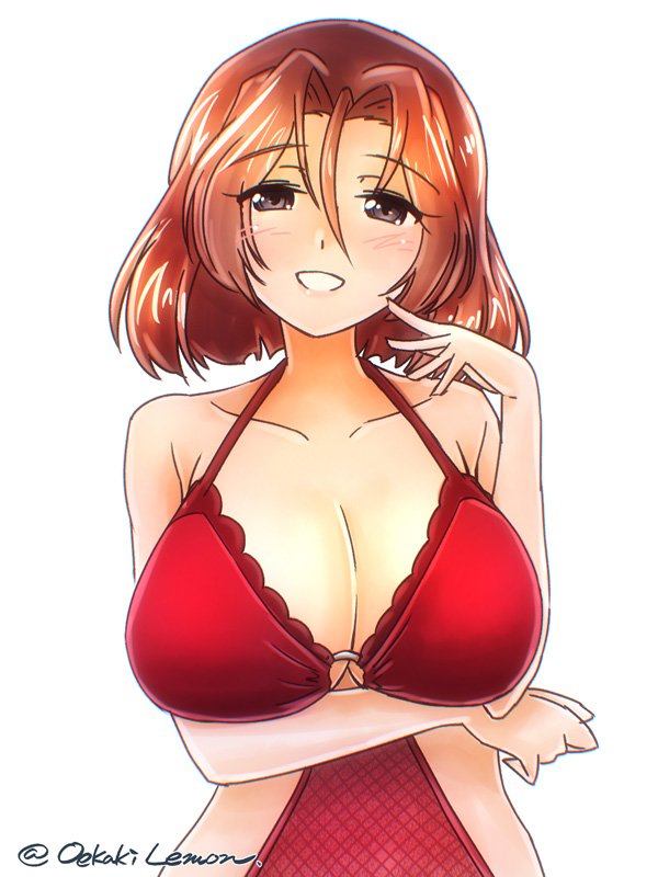 1girl, artist_name, azumi_(girls_und_panzer), bare_shoulders, breast_hold, breasts, brown_eyes, brown_hair