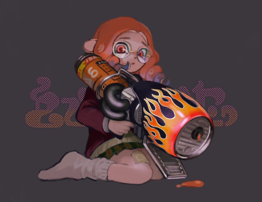 1girl, :o, blaster_(splatoon), dokkoi_yuzame, glasses, grey_background, highres, holding
