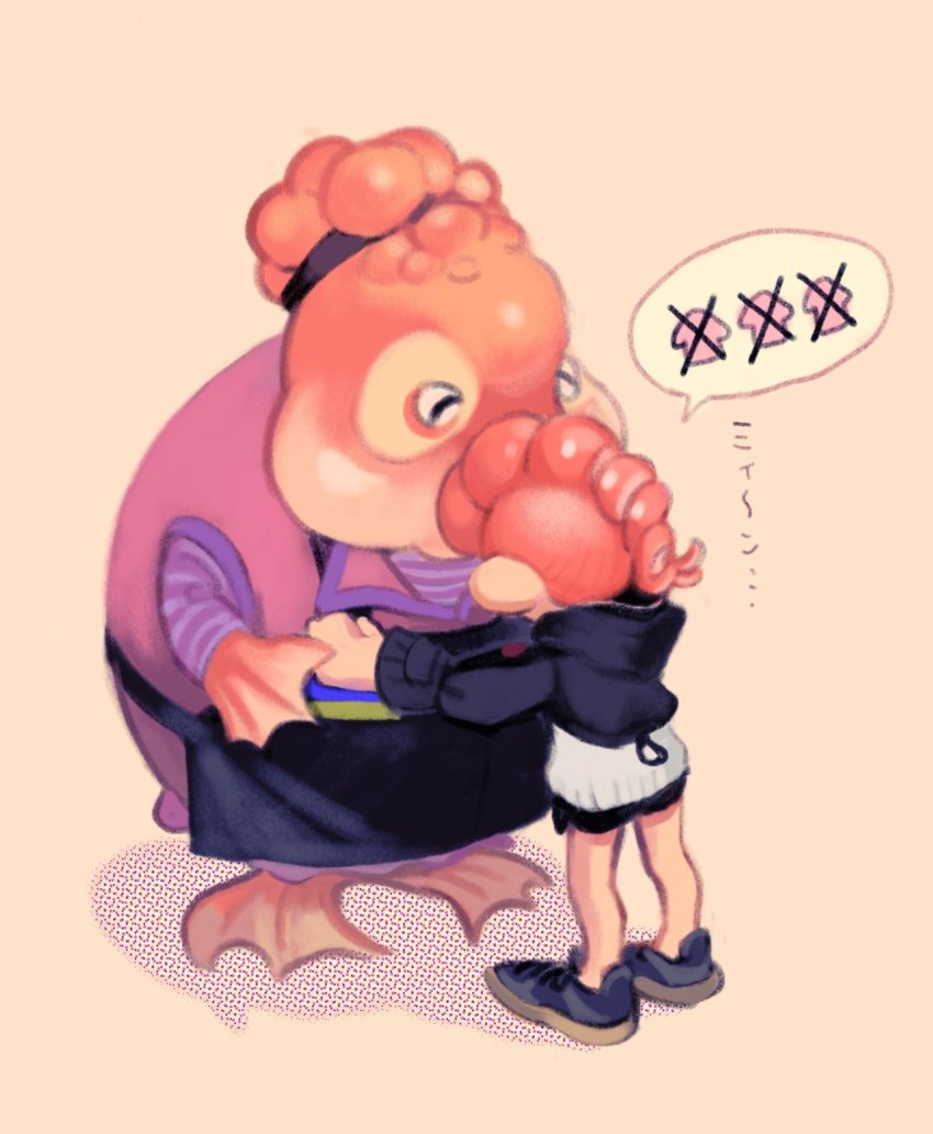 1boy, 1girl, apron, black_apron, black_footwear, black_shorts, closed_eyes, dokkoi_yuzame, fish, gameplay_mechanics, goldfish, highres, hood, hood_down, hoodie, hug, long_sleeves, nintendo, octoling, octoling_boy, octoling_player_character, red_hair, shirt, shorts, simple_background, splatoon_(series), splatoon_3, staff_(splatoon), standing, tentacle_hair