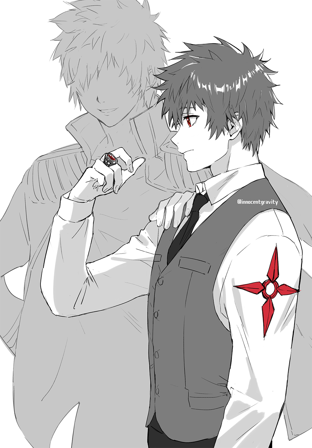 2boys, cezaria, closed_mouth, collared_shirt, enma_kozato, epaulettes, faceless, faceless_male