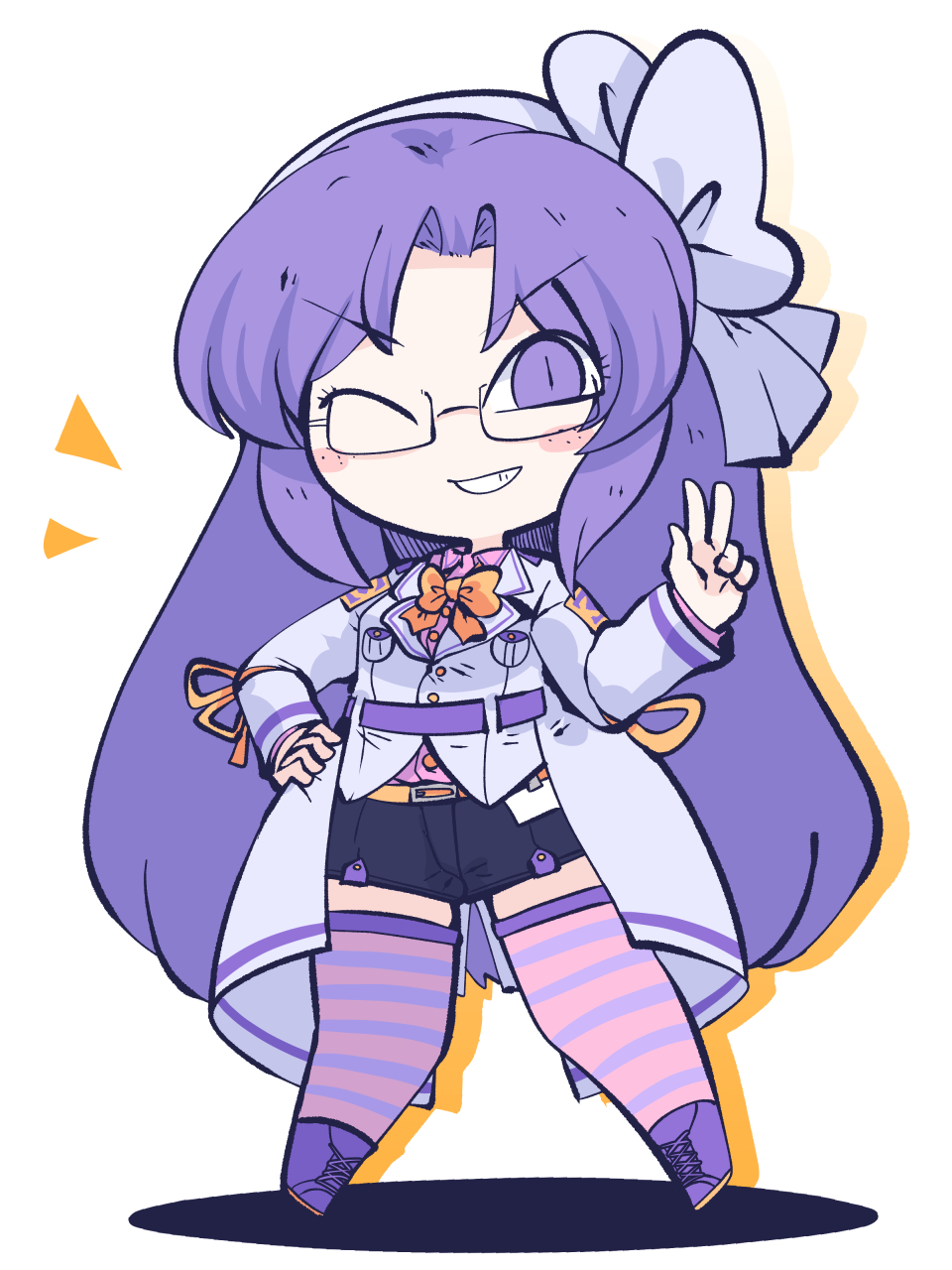 1girl, adapted_costume, asakura_rikako, black_shorts, borrowed_design, bow, bowtie, chahan_(fried_rice0614), chibi, closed_mouth, commentary_request, commission, grin, hair_bow, hairband, highres, lab_coat, long_hair, one_eye_closed, pink_thighhighs, purple_eyes, purple_hair, purple_shirt, purple_thighhighs, shirt, shorts, skeb_commission, smile, solo, standing, striped_clothes, striped_thighhighs, thighhighs, touhou, touhou_(pc-98), v, v-shaped_eyebrows, very_long_hair, vest, white_bow, white_hairband, white_vest, yellow_bow, yellow_bowtie