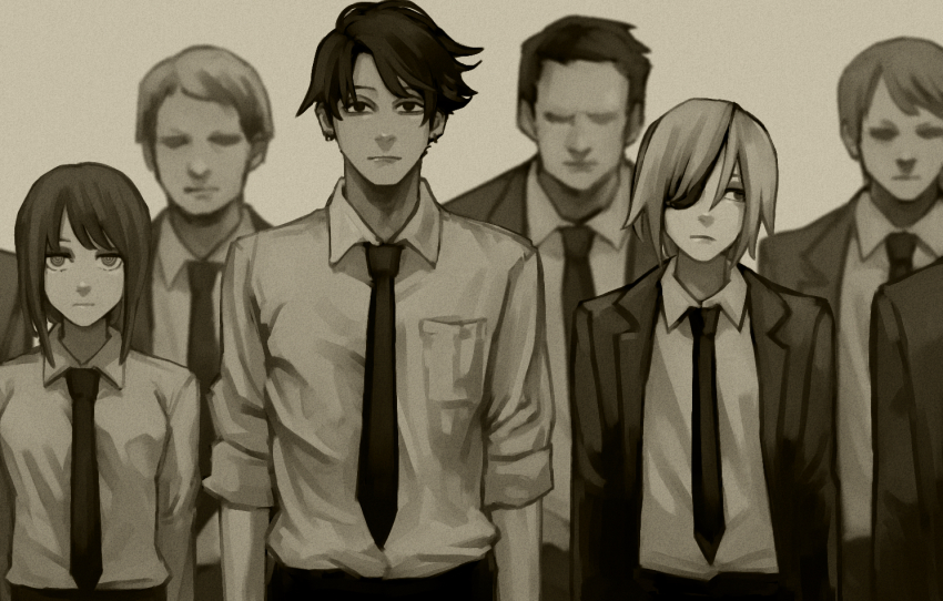 2girls, 4boys, black_coat, black_hair, black_necktie, blank_stare, breasts, chainsaw_man