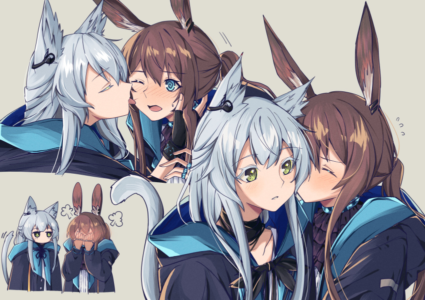 2girls, @_@, absurdres, amiya_(arknights), animal_ear_fluff, animal_ears, arknights, ascot
