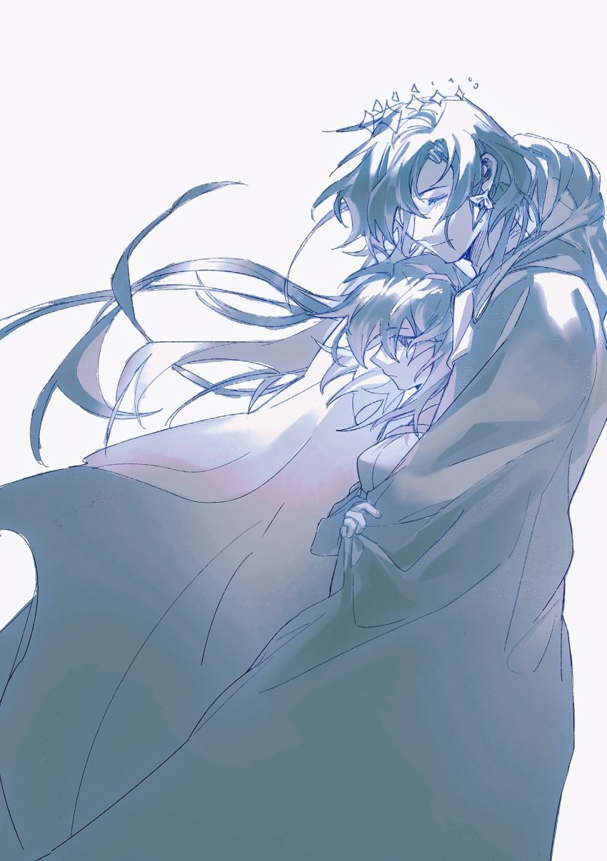 1boy, 1girl, absurdres, cloak, closed_eyes, closed_mouth, constantine_xi_(fate), earrings