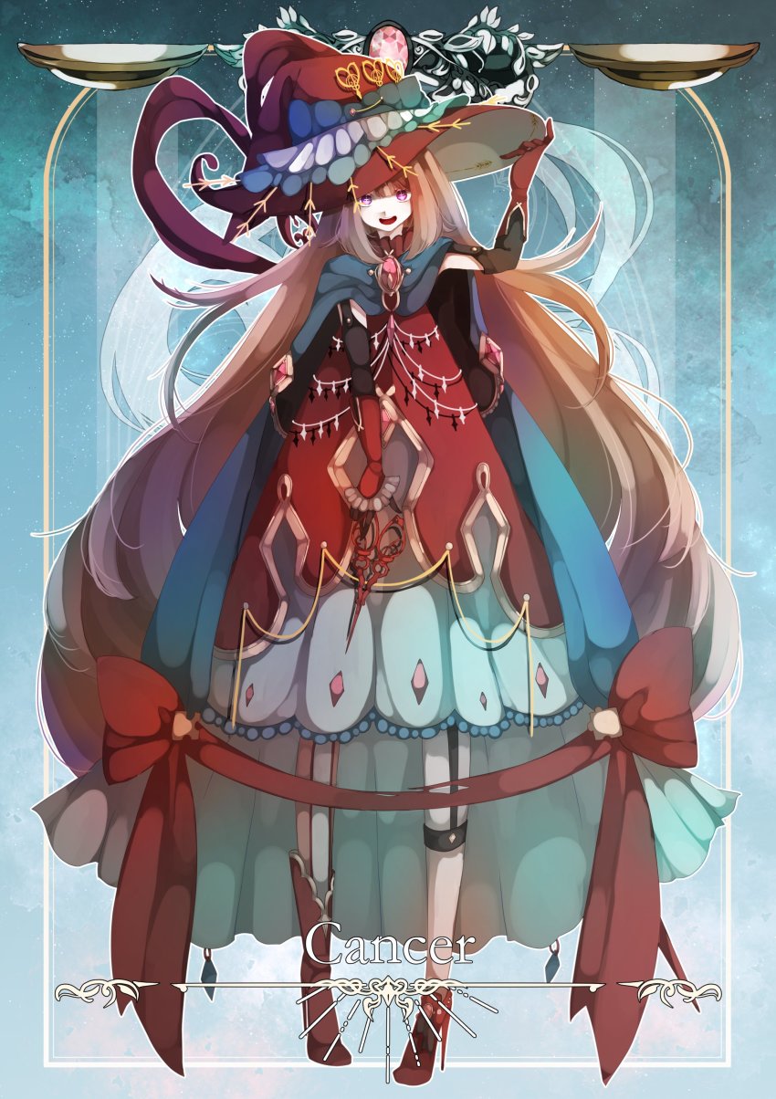 1girl, :d, absurdres, asymmetrical_footwear, asymmetrical_gloves, black_gloves, blue_background, blue_cape, blunt_bangs, boots, bow, brooch, cancer_(zodiac), cape, cross-shaped_pupils, dress, erc, full_body, gloves, hand_on_headwear, hat, hat_ornament, high_heel_boots, high_heels, highres, holding, holding_scissors, jewelry, long_hair, looking_at_viewer, open_mouth, orange_hair, original, pink_eyes, red_bow, red_dress, red_gloves, red_hat, scissors, sleeveless, sleeveless_dress, smile, solo, symbol-shaped_pupils, teeth, trapeze_dress, upper_teeth_only, very_long_hair, witch, witch_hat, zodiac