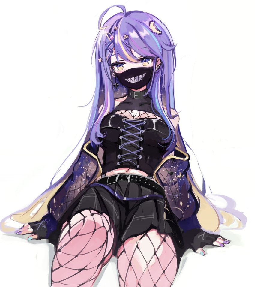 1girl, ahoge, belt, black_belt, black_gloves, black_panties, black_shirt, black_skirt, black_sleeves, breasts, cleavage_cutout, clothing_cutout, commentary, crescent, crescent_pin, detached_sleeves, english_commentary, fingerless_gloves, fishnet_pantyhose, fishnets, gloves, goth_fashion, hair_ornament, hairpin, highres, hololive, hololive_indonesia, koahri, large_breasts, long_hair, long_sleeves, looking_at_viewer, mask, midriff_peek, moona_hoshinova, moona_hoshinova_(punk_rock), mouth_mask, navel, panties, panty_straps, pantyhose, purple_eyes, purple_hair, shirt, simple_background, skirt, star_(symbol), star_hair_ornament, underwear, virtual_youtuber, white_background