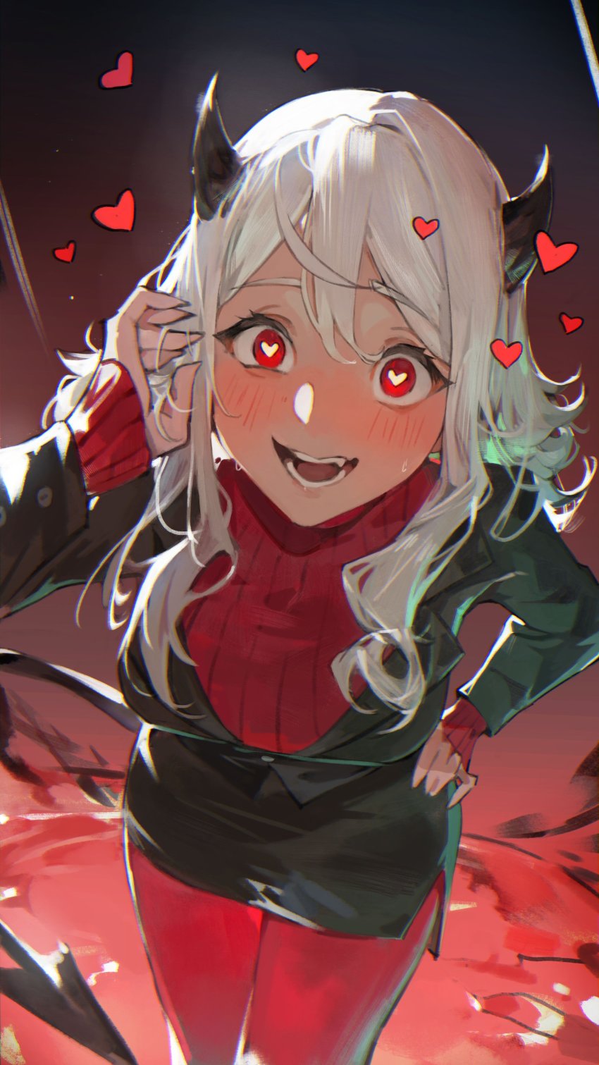 1girl, :d, absurdres, black_jacket, black_skirt, blush, commentary, cowboy_shot, demon_girl, demon_tail, fang, hair_between_eyes, hand_on_own_hip, heart, heart-shaped_pupils, helltaker, highres, horns, jacket, leaning_forward, long_hair, long_sleeves, looking_at_viewer, lucadark_art, modeus_(helltaker), open_mouth, pantyhose, pencil_skirt, red_eyes, red_pantyhose, red_sweater, ribbed_sweater, skirt, smile, solo, sweater, symbol-shaped_pupils, tail, turtleneck, turtleneck_sweater, white_hair
