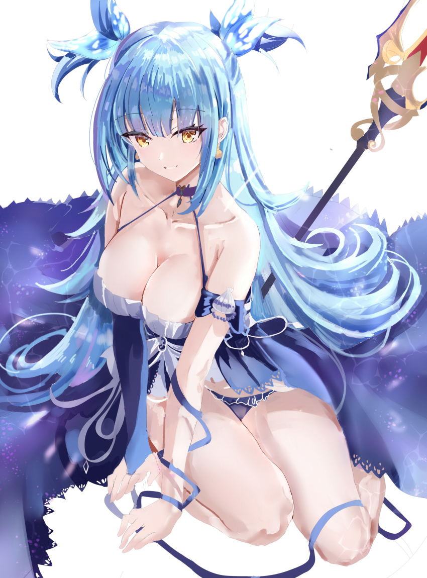 1girl, absurdres, age_fx, apron, azur_lane, barefoot, blue_apron, blue_hair