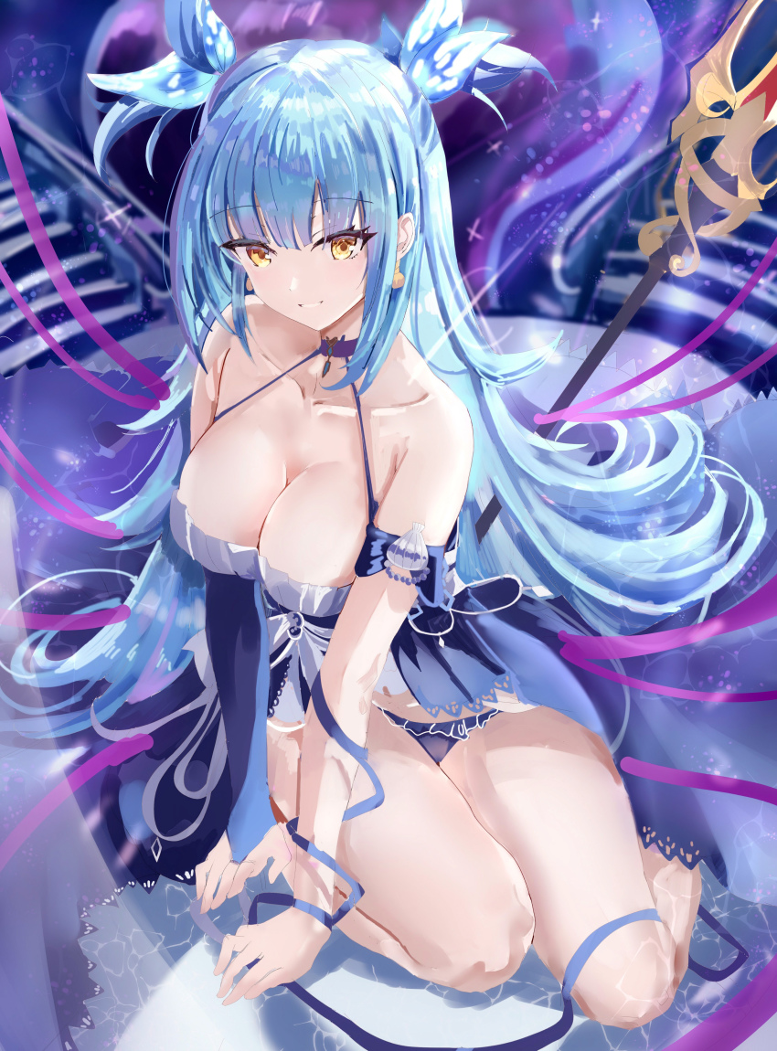 1girl, absurdres, age_fx, apron, azur_lane, barefoot, blue_apron, blue_hair, blue_panties, blue_ribbon, braid, breasts, bridal_gauntlets, cleavage, collarbone, halterneck, highres, large_breasts, long_bangs, long_hair, looking_at_viewer, maid, neptune_(azur_lane), neptune_(nereid's_invitation)_(azur_lane), panties, polearm, purple_ribbon, ribbon, single_bridal_gauntlet, smile, solo, trident, underwear, weapon, yellow_eyes