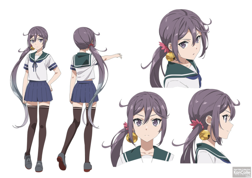 1girl, ahoge, akebono_(kancolle), akebono_kai_(kancolle), artist_request, bell, black_thighhighs, blue_sailor_collar